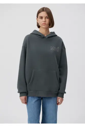 Logo Baskılı Kapüşonlu Gri Sweatshirt 1611604-70088-Gri - MAVI (1)
