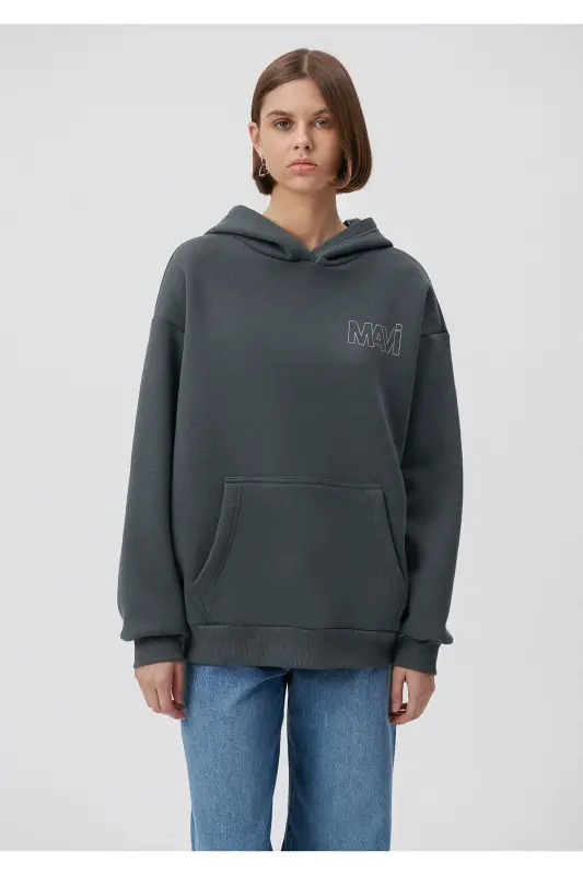 Logo Baskılı Kapüşonlu Gri Sweatshirt 1611604-70088-Gri - 2