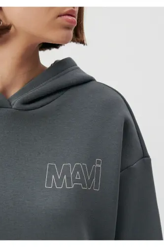 Logo Baskılı Kapüşonlu Gri Sweatshirt 1611604-70088-Gri - 4