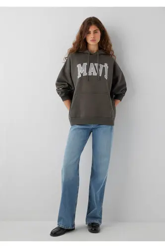 Logo Baskılı Kapüşonlu Haki Sweatshirt 1600361-71598 - Yeşil - MAVI (1)