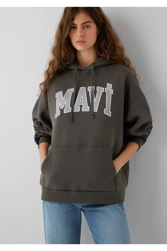Logo Baskılı Kapüşonlu Haki Sweatshirt 1600361-71598 - Yeşil - 1