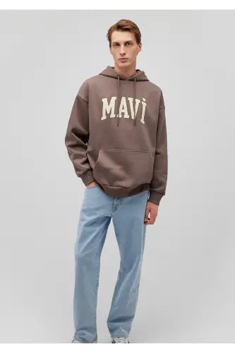 Logo Baskılı Kapüşonlu Kahverengi Sweatshirt 067149-87875 - Kahverengi-87875 - MAVI (1)