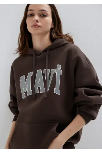 Logo Baskılı Kapüşonlu Kahverengi Sweatshirt 1600361-70222 - Kahverengi-70222 