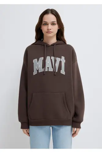 Logo Baskılı Kapüşonlu Kahverengi Sweatshirt 1600361-70222 - Kahverengi-70222 - 3
