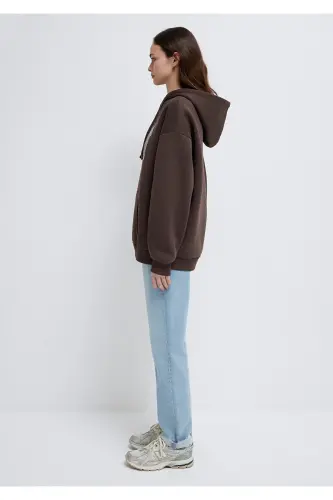 Logo Baskılı Kapüşonlu Kahverengi Sweatshirt 1600361-70222 - Kahverengi-70222 - 4