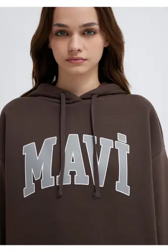 Logo Baskılı Kapüşonlu Kahverengi Sweatshirt 1600361-70222 - Kahverengi-70222 - 6
