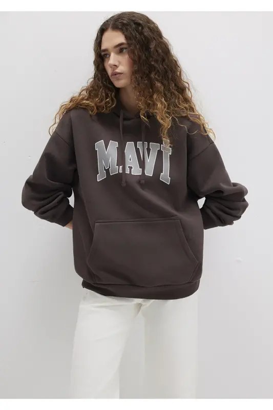 Logo Baskılı Kapüşonlu Kahverengi Sweatshirt 1600361-70222 - Kahverengi - MAVI