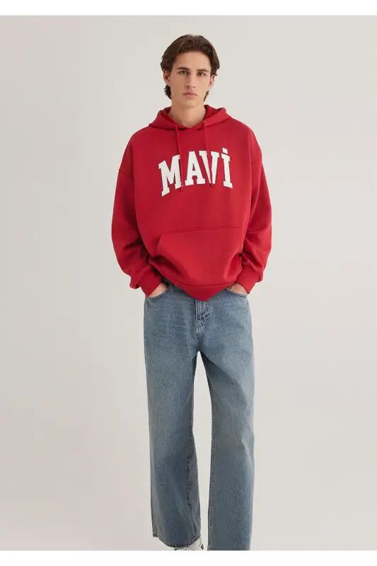 Logo Baskılı Kapüşonlu Kırmızı Sweatshirt 067149-86417 - Kırmızı-86417 - Mavi