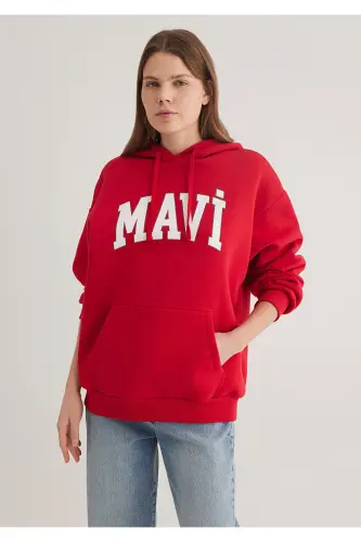 Logo Baskılı Kapüşonlu Kırmızı Sweatshirt 1600361-86417 - Kırmızı-86417 - MAVI (1)