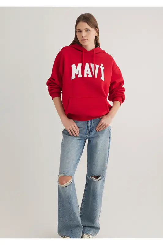 Logo Baskılı Kapüşonlu Kırmızı Sweatshirt 1600361-86417 - Kırmızı-86417 - MAVI