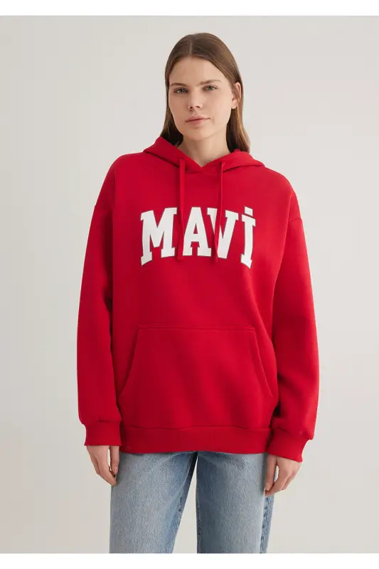 Logo Baskılı Kapüşonlu Kırmızı Sweatshirt 1600361-86417 - Kırmızı-86417 - 3