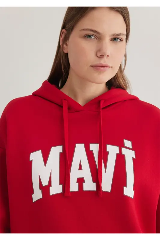Logo Baskılı Kapüşonlu Kırmızı Sweatshirt 1600361-86417 - Kırmızı-86417 - 5