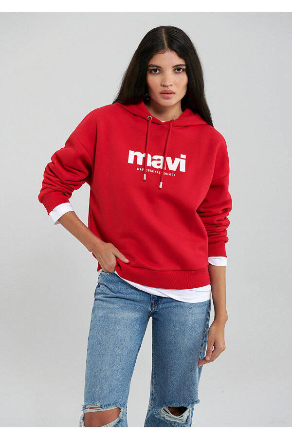 Logo Baskılı Kapüşonlu Kırmızı Sweatshirt 168334-35476 - 19