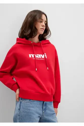 Logo Baskılı Kapüşonlu Kırmızı Sweatshirt 168334-35476 - MAVI (1)