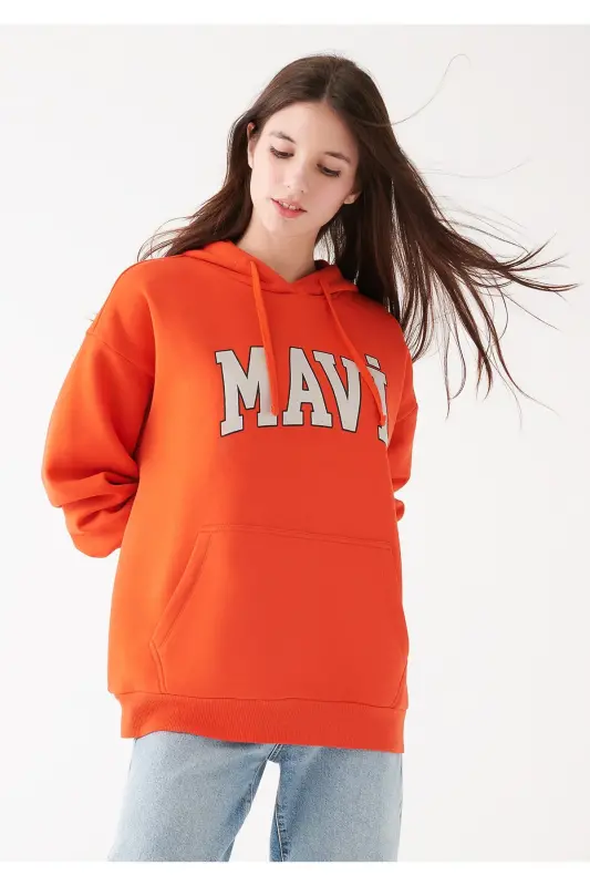 Logo Baskılı Kapüşonlu Kırmızı Sweatshirt Oversize/geniş Kesim 1600361-70456-Kırmızı - 1