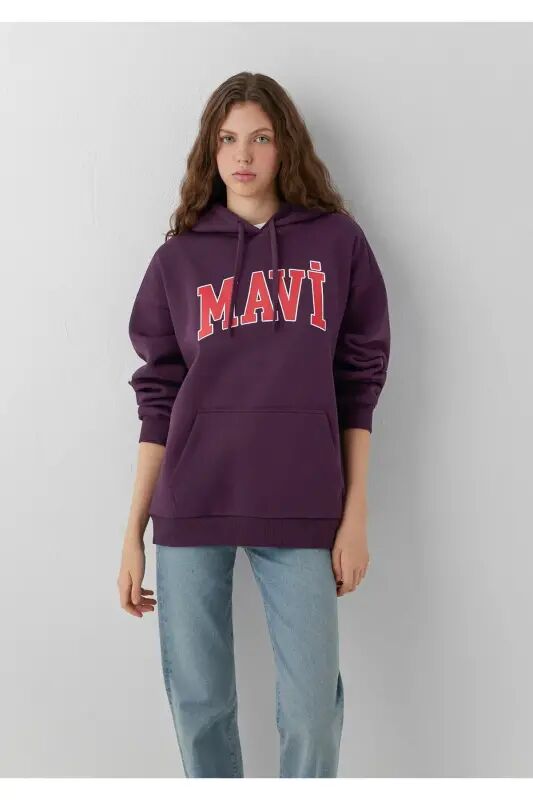 Logo Baskılı Kapüşonlu Mor Sweatshirt - Mor-700635 - Mavi