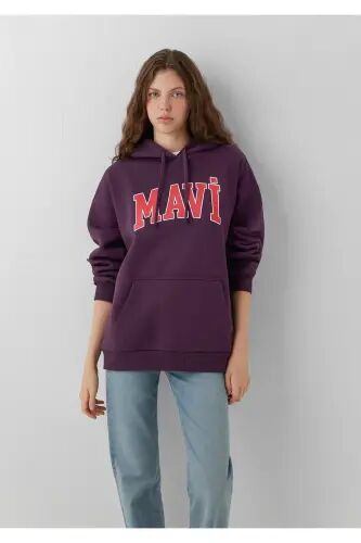 Logo Baskılı Kapüşonlu Mor Sweatshirt - Mor-700635 - 1