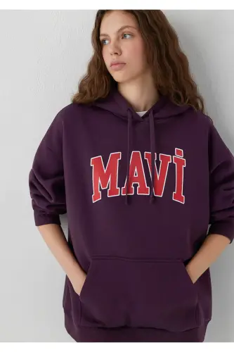 Logo Baskılı Kapüşonlu Mor Sweatshirt - Mor-700635 - Mavi (1)
