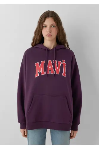 Logo Baskılı Kapüşonlu Mor Sweatshirt - Mor-700635 - 3