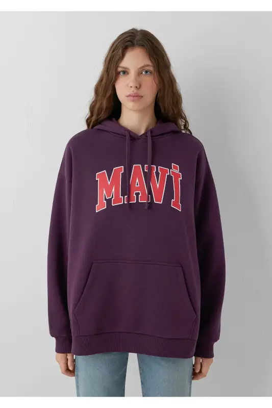 Logo Baskılı Kapüşonlu Mor Sweatshirt - Mor-700635 - 3