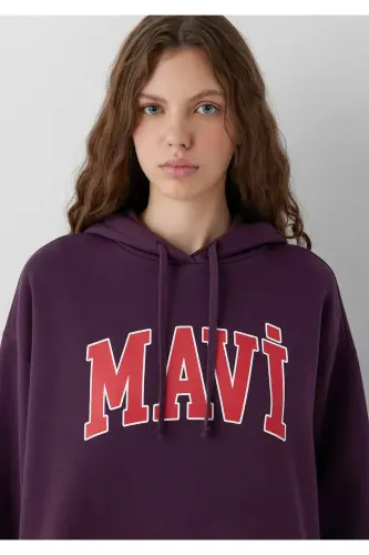 Logo Baskılı Kapüşonlu Mor Sweatshirt - Mor-700635 - 4