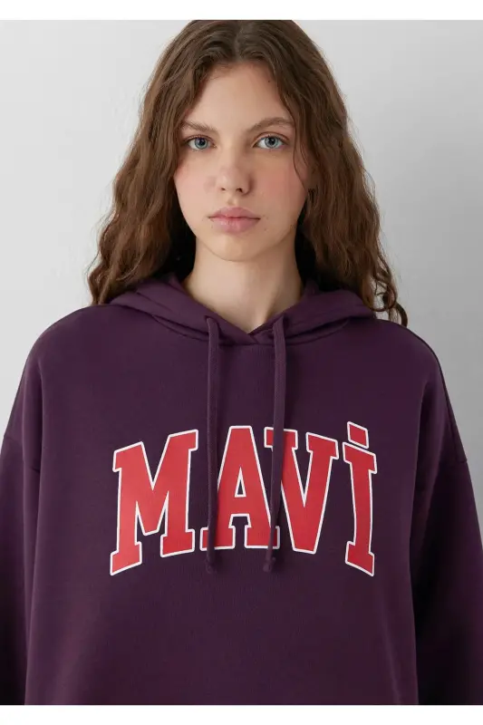 Logo Baskılı Kapüşonlu Mor Sweatshirt - Mor-700635 - 4
