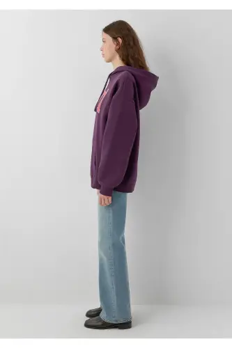 Logo Baskılı Kapüşonlu Mor Sweatshirt - Mor-700635 - 6