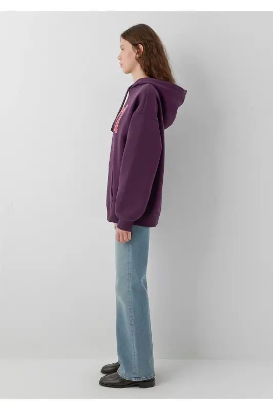 Logo Baskılı Kapüşonlu Mor Sweatshirt - Mor-700635 - 6