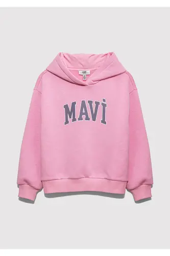 Logo Baskılı Kapüşonlu Pembe Sweatshirt 7610035-70973-Pembe - MAVI (1)
