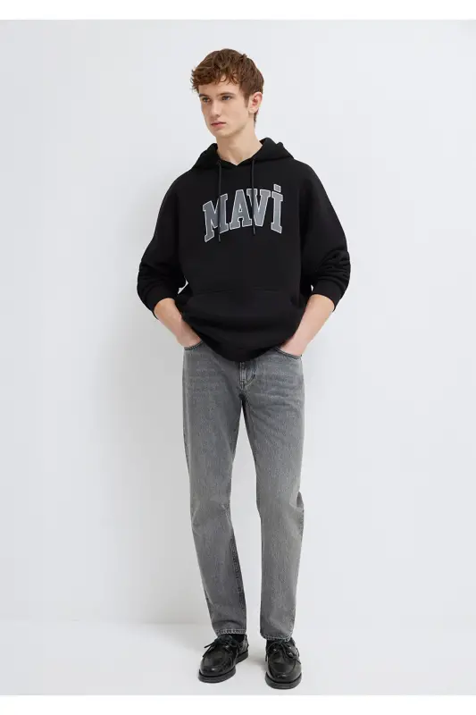 Logo Baskili Kapüşonlu Qora Sweatshirt 067149-902-Qora - 2