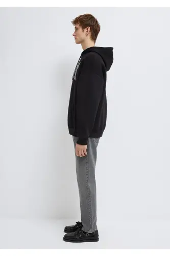 Logo Baskili Kapüşonlu Qora Sweatshirt 067149-902-Qora - 4