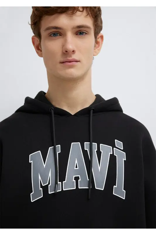 Logo Baskili Kapüşonlu Qora Sweatshirt 067149-902-Qora - 6