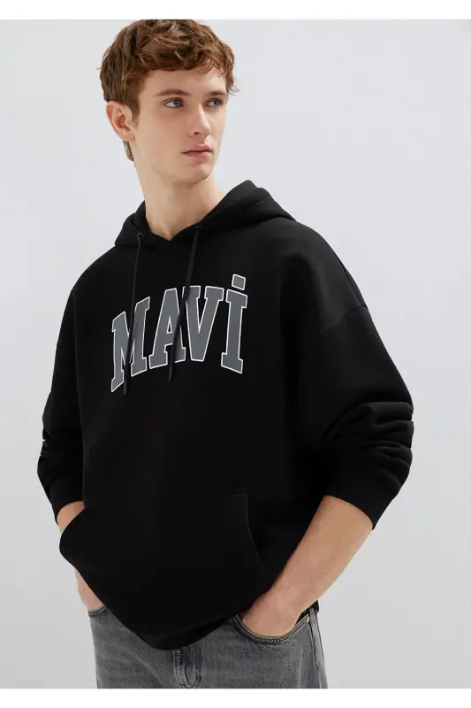 Logo Baskili Kapüşonlu Qora Sweatshirt 067149-902-Qora - MAVI