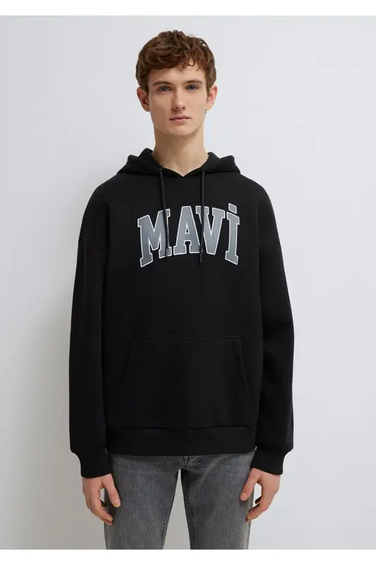 Logo Baskili Kapüşonlu Qora Sweatshirt 067149-902-Qora - 3