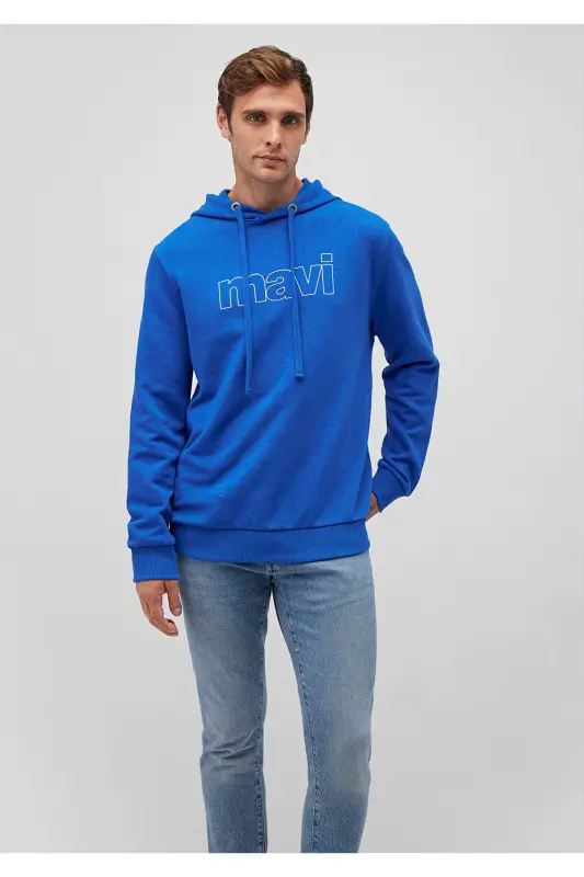 Logo Baskılı Kapüşonlu Sweatshirt 065606-70913-Mavi - 2