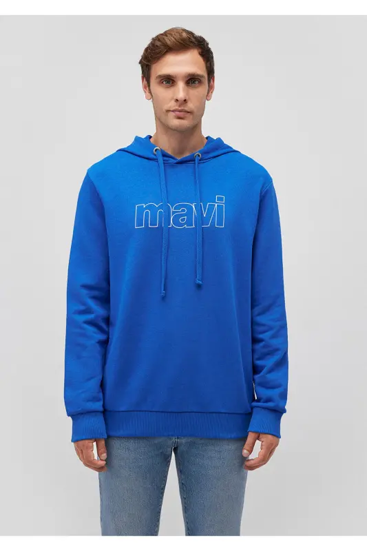 Logo Baskılı Kapüşonlu Sweatshirt 065606-70913-Mavi - 3