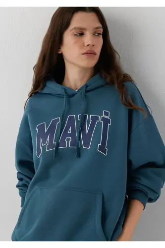 Logo Baskılı Kapüşonlu Sweatshirt 1600361-70771 - Mavi - 1