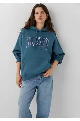 Logo Baskılı Kapüşonlu Sweatshirt 1600361-70771 - Mavi - Mavi (1)
