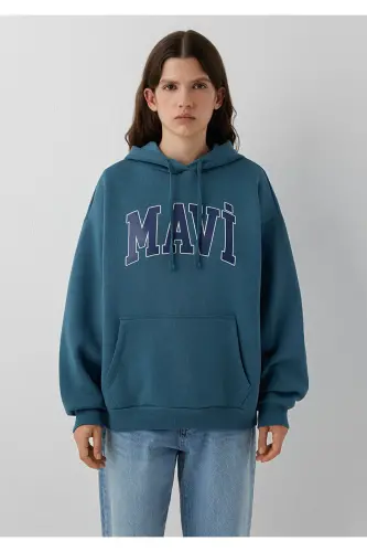 Logo Baskılı Kapüşonlu Sweatshirt 1600361-70771 - Mavi - 3