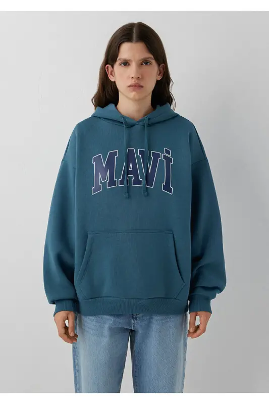 Logo Baskılı Kapüşonlu Sweatshirt 1600361-70771 - Mavi - 3