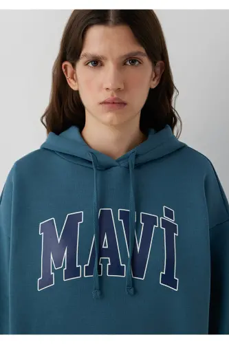 Logo Baskılı Kapüşonlu Sweatshirt 1600361-70771 - Mavi - 6