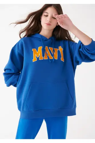 Logo Baskılı Kapüşonlu Sweatshirt Oversize/geniş Kesim 1600361-70770-Mavi 