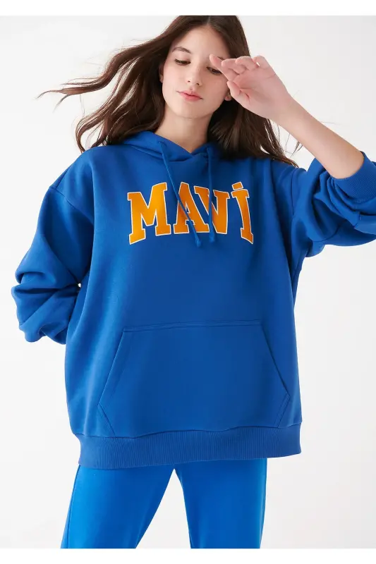 Logo Baskılı Kapüşonlu Sweatshirt Oversize/geniş Kesim 1600361-70770-Mavi - MAVI