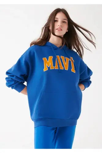 Logo Baskılı Kapüşonlu Sweatshirt Oversize/geniş Kesim 1600361-70770-Mavi - MAVI (1)