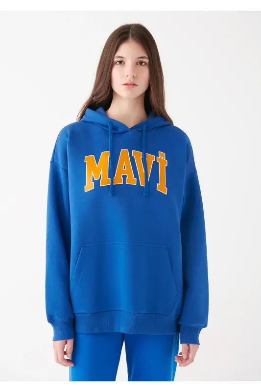Logo Baskılı Kapüşonlu Sweatshirt Oversize/geniş Kesim 1600361-70770-Mavi - 3