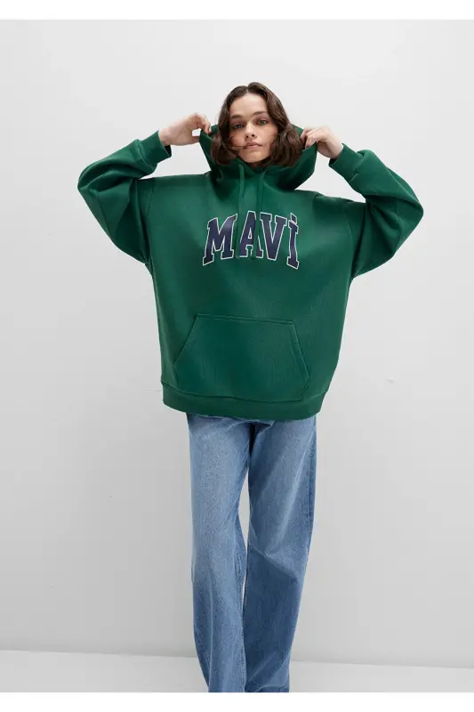 Logo Baskılı Kapüşonlu Yeşil Sweatshirt 1600361-71892 - Yeşil - 71892 - 3