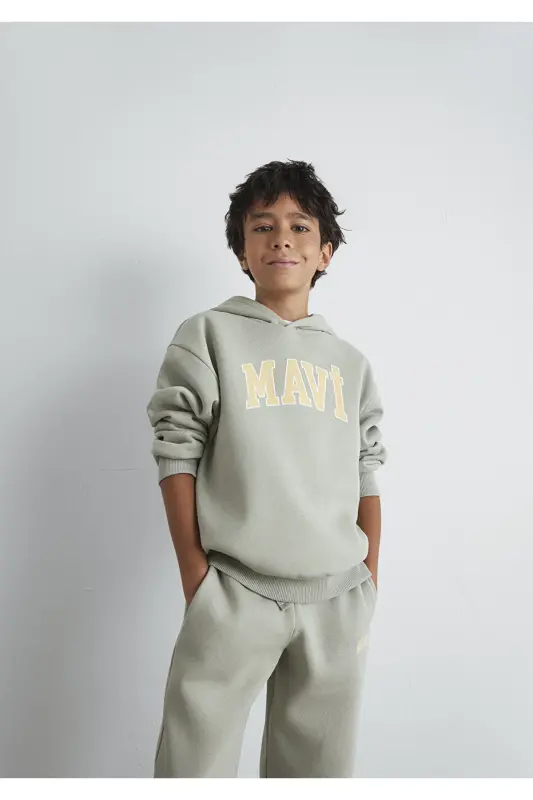 Logo Baskılı Kapüşonlu Yeşil Sweatshirt 6610110-70155-Gri - MAVI