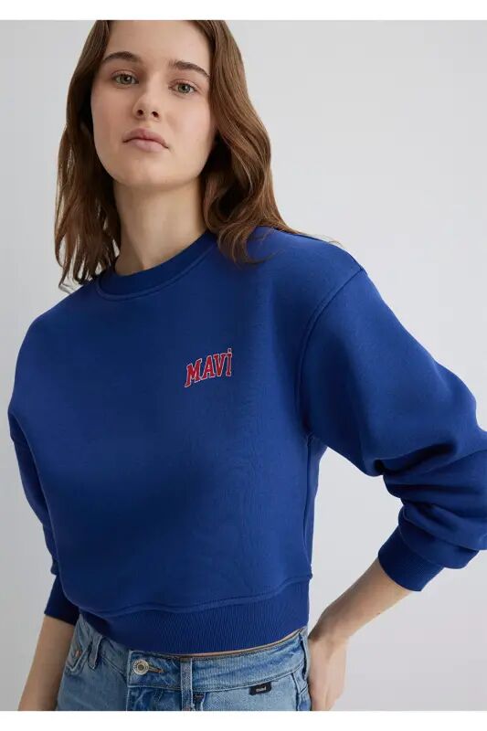 Logo Baskılı Lacivert Crop Sweatshirt 1611601-70722 - Mavi-70722 - Mavi