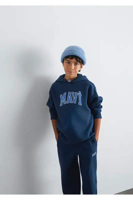 Logo Baskılı Lacivert Kapüşonlu Sweatshirt 6610110-70720 - Mavi - 1