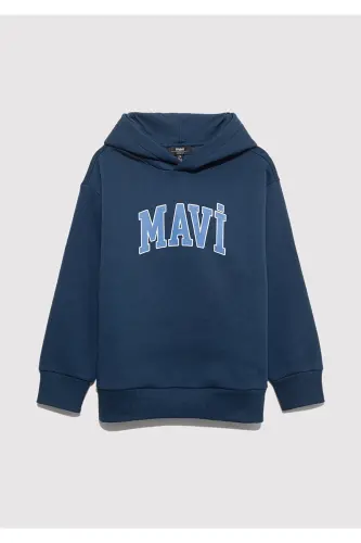 Logo Baskılı Lacivert Kapüşonlu Sweatshirt 6610110-70720 - Mavi - 3